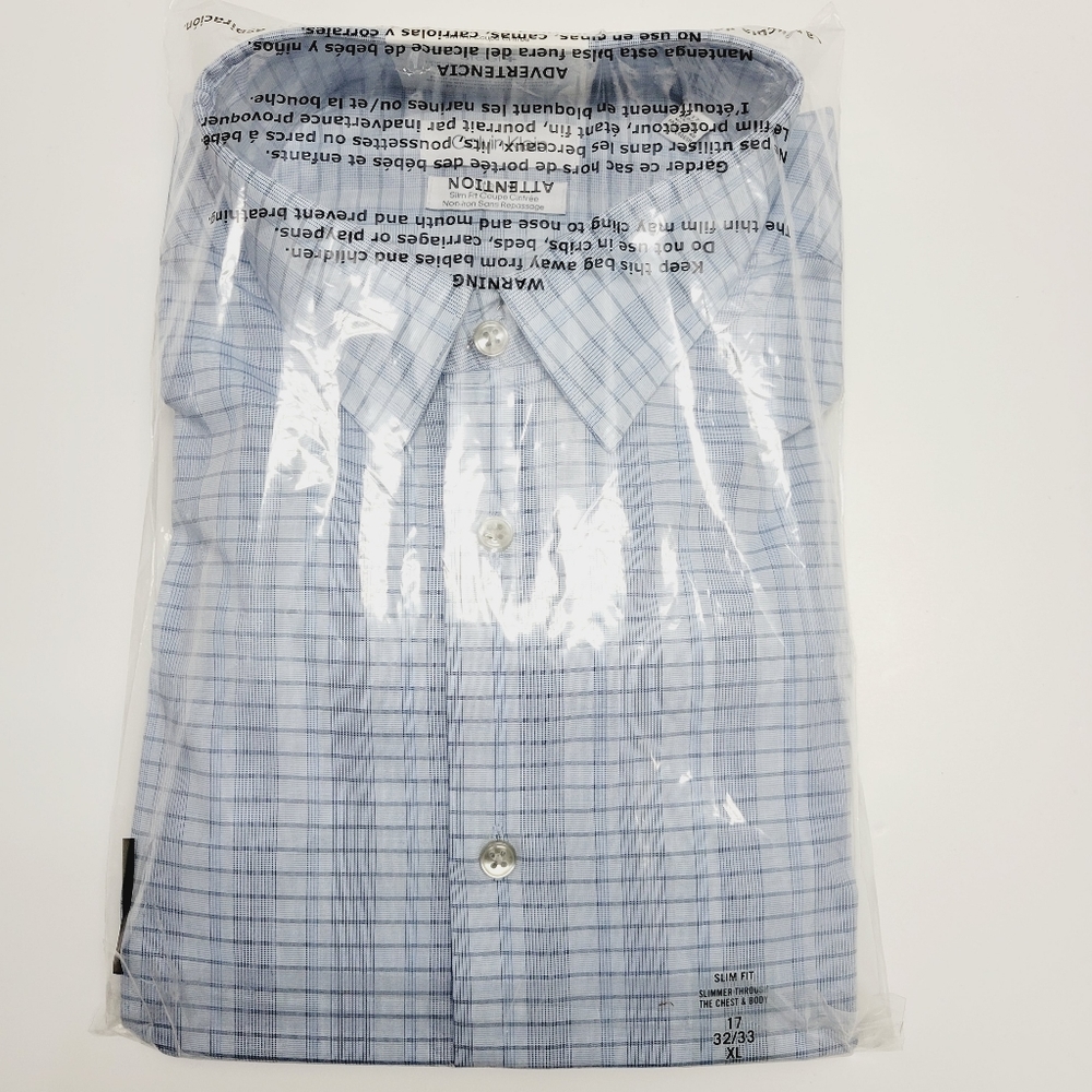 Calvin Klein STEEL+ Slim-Fit Non-Iron Stretch Blue Check Dress Shirt 17 32/33 XL - Picture 4 of 14